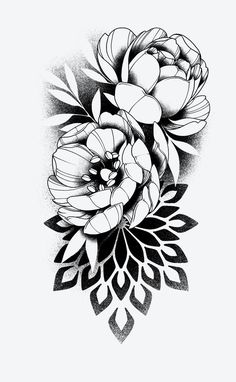 a black and white drawing of flowers with leaves on the bottom half of their petals