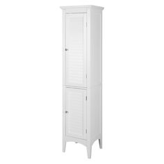 a tall white cabinet with shutters on the front and bottom doors, sitting against a white background