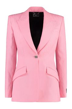 1PN50 VERSACE WOOL SINGLE-BREASTED BLAZER Versace Pink, Professional Attire, Jacquard Pattern, Single Breasted Jacket, Tailored Trousers, Polished Look, Lapel Collar, Denim Top, Blazers For Women