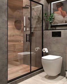 an image of a bathroom setting with toilet, shower and mirror on the side wall