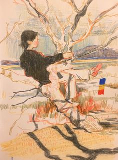 a drawing of a woman sitting on a bench next to a tree with no leaves