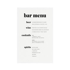 a menu with the words bar menu written in black and white on top of it