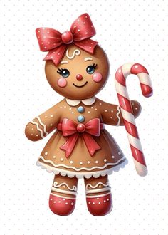 a gingerbread girl with a candy cane in her hand and polka dots on the background