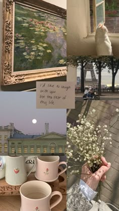 a collage of pictures with coffee cups and flowers