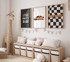 a child's room decorated in neutral colors with toys and posters on the wall