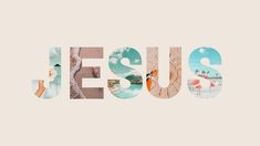 the word jesus is surrounded by images of flamingos and palm trees in pastel colors