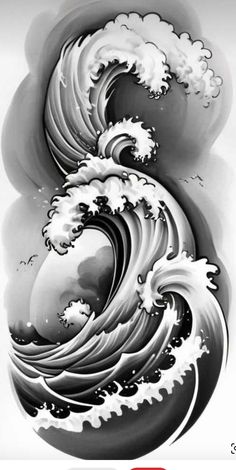 an artistic drawing of a wave in black and white