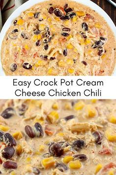 an easy crock pot cream cheesy chicken chili recipe with corn and black olives