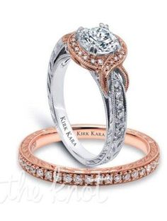 two engagement rings with diamonds on each side and the words, kris kaba written in white