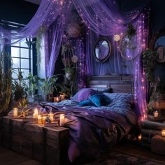 a bedroom decorated in purple and blue with candles on the bed, potted plants