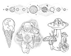 an image of a cartoon character in space with planets and other things around him, including mushrooms