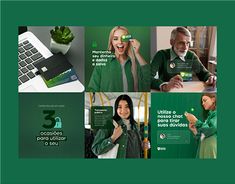 a collage of photos showing people using their cell phones and laptops in green