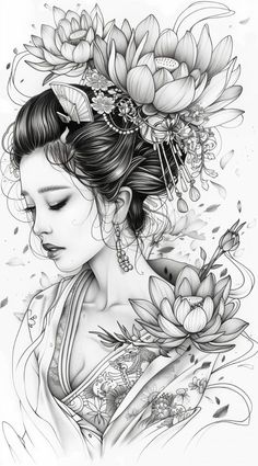 A Geisha Tattoo, Geisha Girl Tattoo, Japanese Geisha Drawing, Tato Geisha, Girl Tattoo Ideas, Elaborate Hairstyles, Japanese Geisha Tattoo, Geisha Drawing, Cat Graphic Art