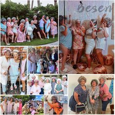 a collage of photos with women dressed in pastel clothing and hats, posing for pictures