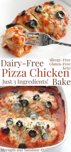 Dairy-Free Pizza Chicken Bake (Gluten-Free, Allergy-Free, Keto) | Strength and Sunshine | Just 3-ingredients for this easy Dairy-Free Pizza Chicken Bake! A healthy dinner idea that's gluten-free, allergy-free, low-carb keto, and with paleo options! Kids will love this chicken casserole recipe that can be customized with homemade marinara sauce and any pizza toppings you want! #pizza #chicken #ketodinner #easydinner #chickendinner #chickenrecipe #pizzarecipe Pizza Chicken Bake, Dairy Free Pizza, Homemade Marinara Sauce, Pizza Chicken, Chicken Casserole Recipe, Low Carb Low Fat Recipes, Chicken Bake, Best Low Carb Recipes