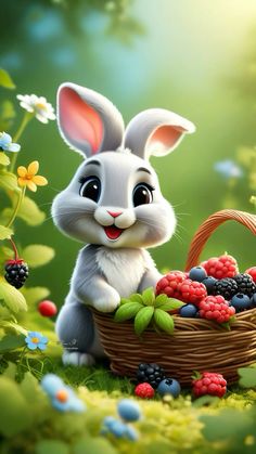 a rabbit sitting next to a basket filled with berries