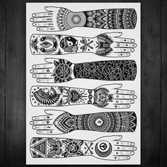 an art print with different designs on the front and back of it, in black and white