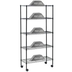 four tiered shelving unit on wheels with the measurements for each shelf in different sizes