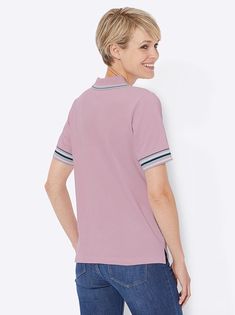 Casual look in gentle pique fabric! Polo shirt with contrasting stripes on the collar, short button panel, and short sleeves. Side vents. Length approx. 26 inches (misses) 95% cotton, 5% elastane. Machine washable. Imported. Classic Short Sleeve Polo Shirt With Striped Collar, Striped Short Sleeve Polo Shirt With Ribbed Collar, Striped Polo Shirt With Ribbed Collar, Cotton Shirt With Contrast Collar, Short Sleeve, Cotton Shirt With Contrast Collar And Short Sleeves, Workwear Polo Shirt With Contrast Collar, Workwear Polo Shirt With Contrast Collar And Short Sleeves, Short Sleeve Polo Shirt With Contrast Stripes For Workwear, Cotton T-shirt With Striped Collar