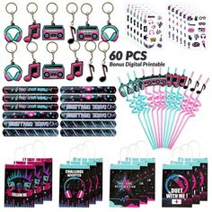 various key chains, tags and other items are shown in this graphic design for the 80's digital printable party pack