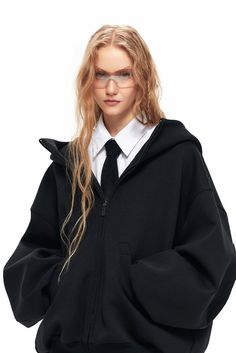 Fibflx Women's Oversized Zip Up Hoodie with Baggy Sleeve Black Zip Hoodie Outfit, Navy Hoodie Outfit, Oversized Zip Up Hoodie Outfit, Zip Hoodie Outfit, Baggy Sleeves, Oversized Zip Up Hoodie, Corporate Baddie, Black Zip Hoodie, Tank Top Skirt