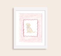 a watercolor drawing of a dog with a pink frame