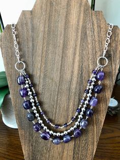 Genuine Amethyst Nugget and Beaded Multi-strand Statement Necklace. Silver Tone. Lobster clasp. 22” February’s Birthstone! Treat yourself! by CatsMeowJewelryCo on Etsy