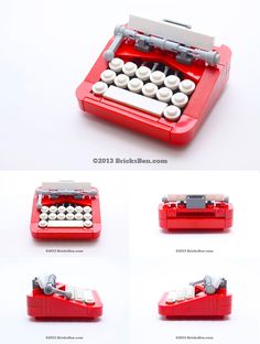 a red typewriter sitting on top of a white table