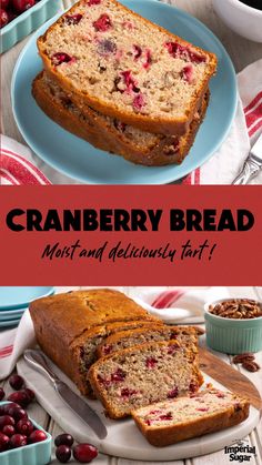 cranberry bread is cut into slices on a plate