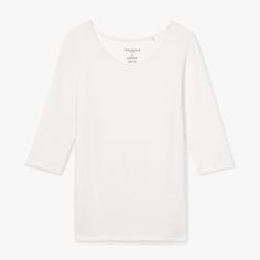 Made from super-soft Peruvian Pima cotton, the Soyoung T-shirt features a figure-skimming fit, open neckline, and easy-to-tuck shape. The sleeves range between ¾-length and elbow-length, depending on your height. Classic Scoop Neck Tops For Layering, Crew Neck Seamless Cotton Top, Basic Everyday Modal Tops, Basic Modal Tops For Everyday, Basic Modal Tops For Everyday Wear, White Scoop Neck Top For Layering, Classic Fitted Scoop Neck T-shirt, Spring Cotton Tops With Seamless Collar, Casual White Modal Tops