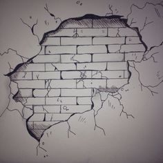 a drawing of a brick wall that has been torn open and is in the process of being drawn