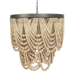 a wooden beaded chandelier hanging from a ceiling