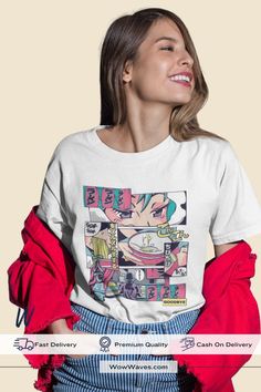 Ramen Shop Anime Printed Oversized T-shirt for women Oversized Cotton T-shirt With Anime Print, Trendy Anime Print Cotton T-shirt, Pink Harajuku T-shirt With Anime Print, Affordable Kawaii T-shirt With Anime Print, Anime Print Crew Neck T-shirt