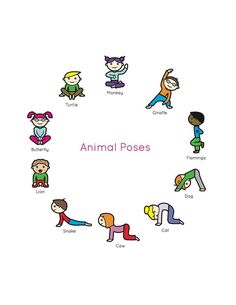 the animal poses are arranged in a circle with children doing yoga and standing on their legs