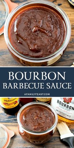 bourbon barbecue sauce in a glass jar with spoons next to it