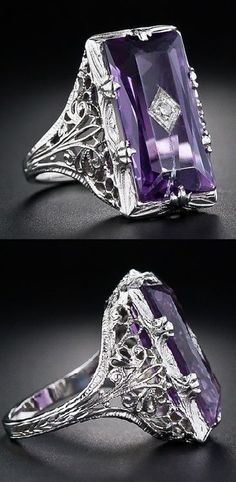 भारतीय दुल्हन संबंधी, Bijoux Art Deco, Carved Ring, Deco Jewelry, Filigree Ring, Art Deco Jewelry, Flower Ring, Amethyst Ring, Purple Amethyst