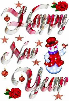 the words happy new year are decorated with red and white ribbons, ornaments, and snowmen