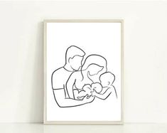 a black and white drawing of two people holding a baby in their arms on a shelf