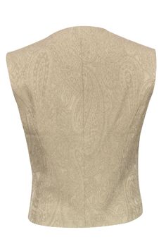 Bring retro-chic to your closet with this vest from Giorgio Armani, adorned with a subtle motif and classic silhouette, making it a must-have for any trend setter! Create a chic, modern ensemble by styling this vest with coordinated trousers and open-toe heels, for a chic date night look. Size 8 Shell 58% Acetate 42% Viscose Lining 63% Acetate 37% Rayon Front button closure Sleeveless Bust 33” Waist 29” Shoulder to shoulder 15” Shoulder to hem 21.5” Elegant Beige Sleeveless Vest, Elegant Sleeveless Beige Vest, Fitted Beige Vest For Formal Occasions, Chic Tailored Beige Vest, Elegant Beige Vest For Spring, Elegant Vest Tops For Fall, Elegant Beige Vest For Work, Formal Beige Fall Vest, Formal Fitted Beige Top