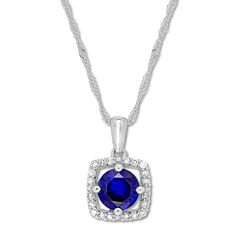 This contemporary necklace for her showcases a lab-created sapphire set in a frame of glittering round diamonds. Crafted of classic 10K white gold, the necklace has a total diamond weight of 1/10 carat. The 17-inch rope chain fastens with a spring ring clasp. Vintage Diamond Jewelry, Contemporary Necklace, Geek Jewelry, Jewelry Advice, Necklace For Her, Jewelry Rings Diamond, Uncut Diamond, Sapphire Necklace, Sapphire Stone