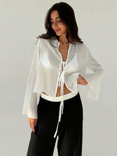 Summer Sheer Chiffon Tie Front Bell Sleeve Sun Protection Minimalist Shirt White Casual  Long Sleeve Fabric Plain Top Non-Stretch  Women Clothing, size features are:Bust: ,Length: ,Sleeve Length: Summer Sun Protection Outfit, Long Sleeve Tie Front Top, Sheer White Top, White Sheer Top, Minimalist Shirt, Minimalist Shirts, Plain Tops, Sheer Chiffon, Front Tie Top