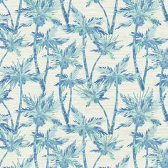 a blue and white wallpaper with palm trees