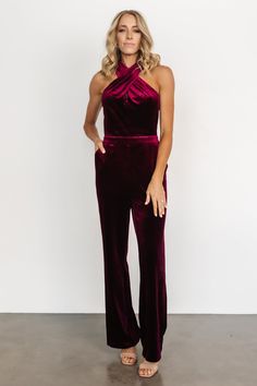 Rich, burgundy color Luxurious velvet material Cross neck halter style Fitted style with stretch Hidden back zipper Self: 90% Polyester, 10% Spandex Lining: 96% Polyester, 4% Spandex Trina is 5'6, cup size 32D, size 2 and is wearing size S Velvet Jumpsuits And Rompers For Party, Chic Velvet Jumpsuits And Rompers, Fitted Velvet Jumpsuits And Rompers For Party, Fitted Velvet Jumpsuit For Party, Fitted Burgundy Jumpsuits And Rompers, Halter Outfit, Burgundy Jumpsuit, Halter Bridesmaid Dress, Bachelorette Outfits