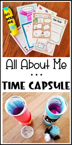 The pin shows a collage of printable pages in the top and two cylinder containers filled with pages and items on the bottom. Time Capsule For Kids, Make A Time Capsule, Time Capsule Kids, Time Capsule Ideas, Family Activities Kindergarten, Family Activities Preschool, Free Family Activities, New Year's Eve Activities, Record Crafts