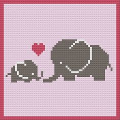 an elephant and her baby cross stitch pattern with a red heart in the middle, on a pink background