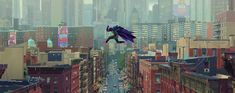 an animated image of a man flying through the air over a city with tall buildings