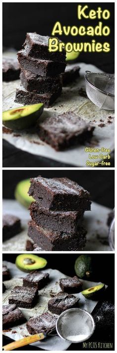 chocolate brownies stacked on top of each other with the words keto avocado brownies