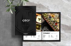 an open brochure on a table with food in the middle and text that reads ceo