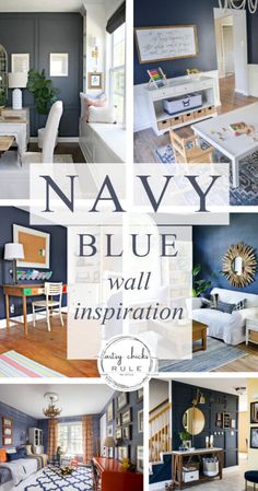 navy blue walls and furniture are featured in this collage with the words navy blue wall inspiration