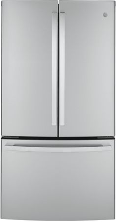 a stainless steel refrigerator freezer with two doors and no ice maker on the bottom